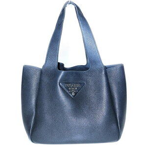 PRADA Vitello Dino Leather Hand Tote Bag Triangle Logo Plate Navy Blue